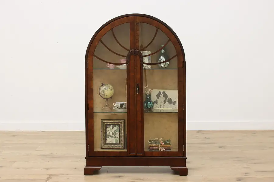 Photo of Art Deco Antique Walnut China Display Curio or Bar Cabinet