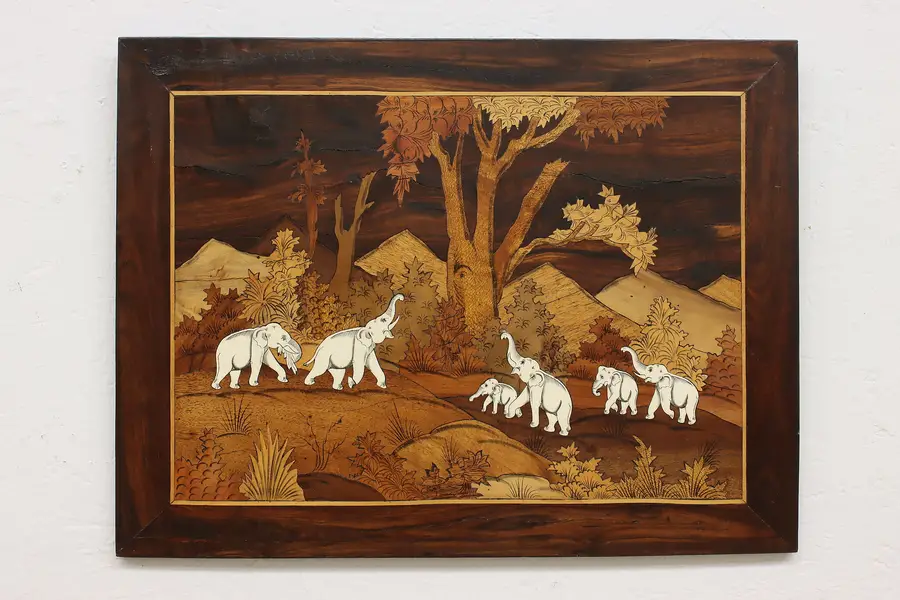 Photo of Elephants in Forest Vintage Rosewood Marquetry Plaque 23"