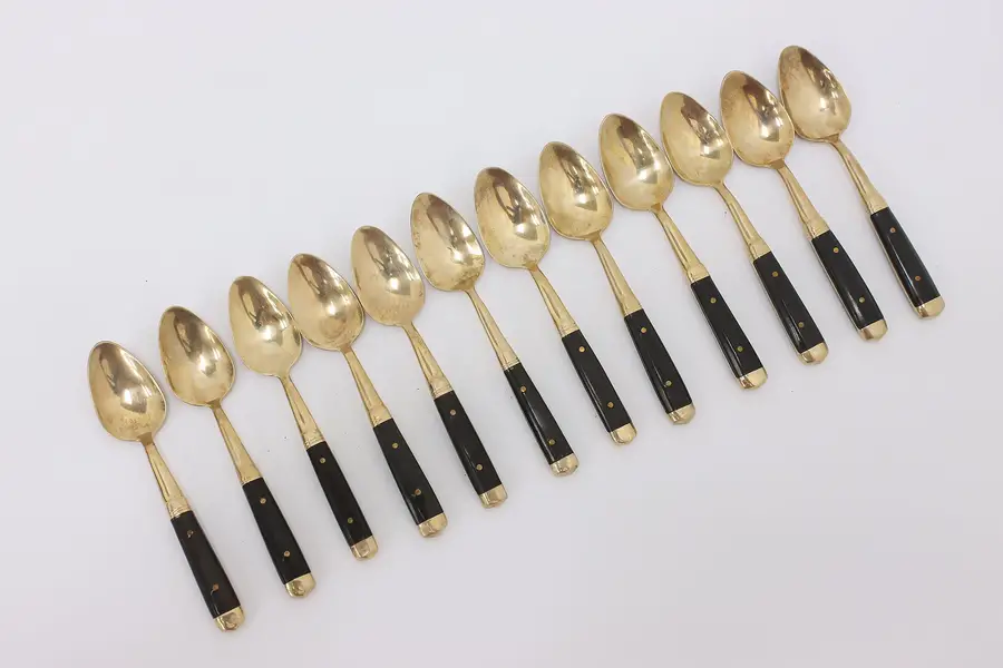 Photo of Set of 12 Vintage Brass & Horn Demitasse Coffee Spoons