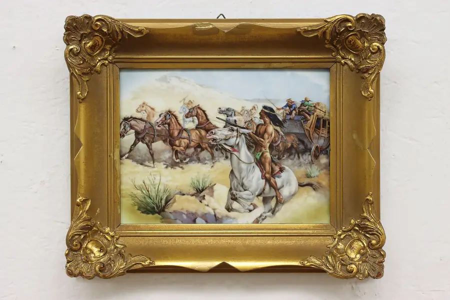 Photo of Cowboys Vintage Painted Porcelain Plaque RPM Germany 13.5"