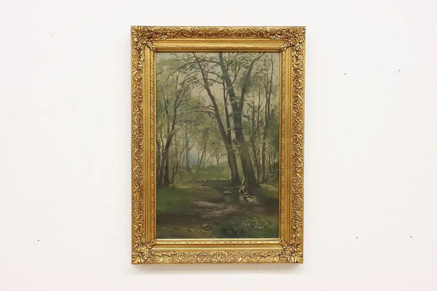 Photo of Woodland Path Vintage Original Oil Painting 29.5"