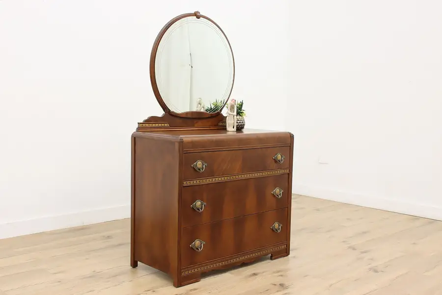 Photo of Art Deco Vintage Walnut Waterfall Dresser or Chest & Mirror