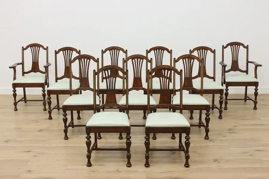 Photo of Set of 11 Tudor Design Antique Walnut & Leather Dining Chairs