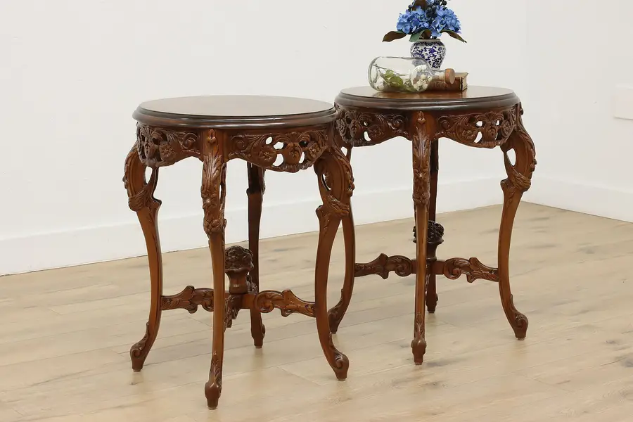 Photo of Pair French Vintage Walnut & Marquetry Entry or End Tables