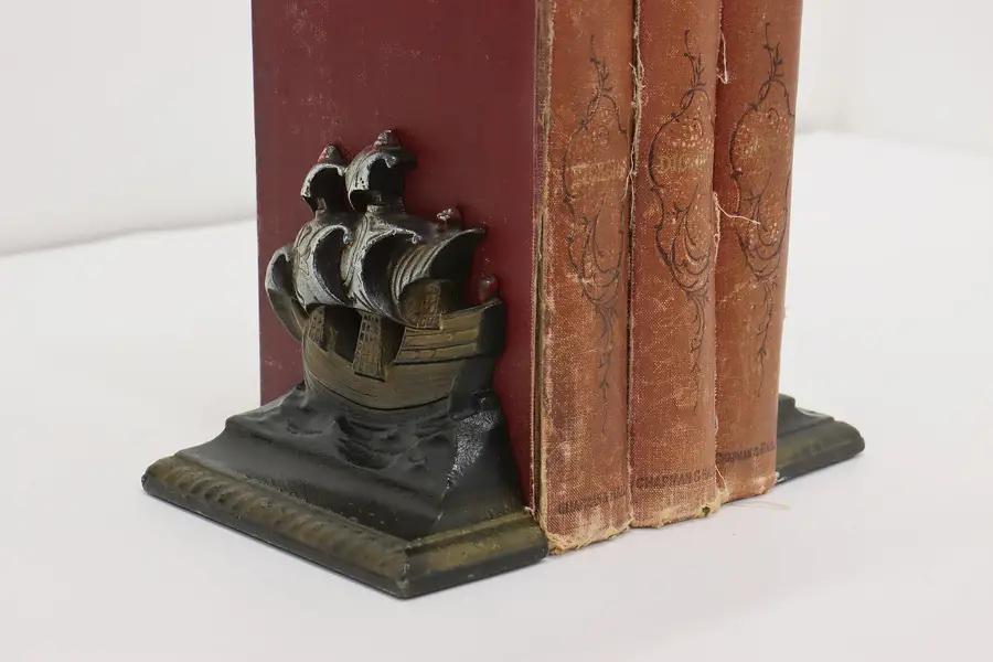 Photo of Pair of Antique Painted Cast Iron Sailing Ship Bookends