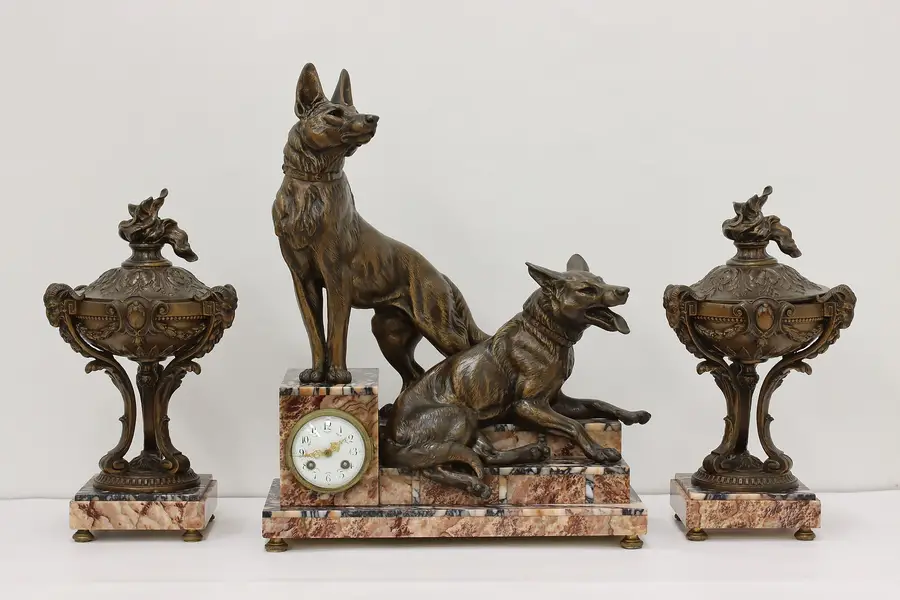 Photo of German Shepherd Antique 3 Pc Marble Mantel Clock Set Japy