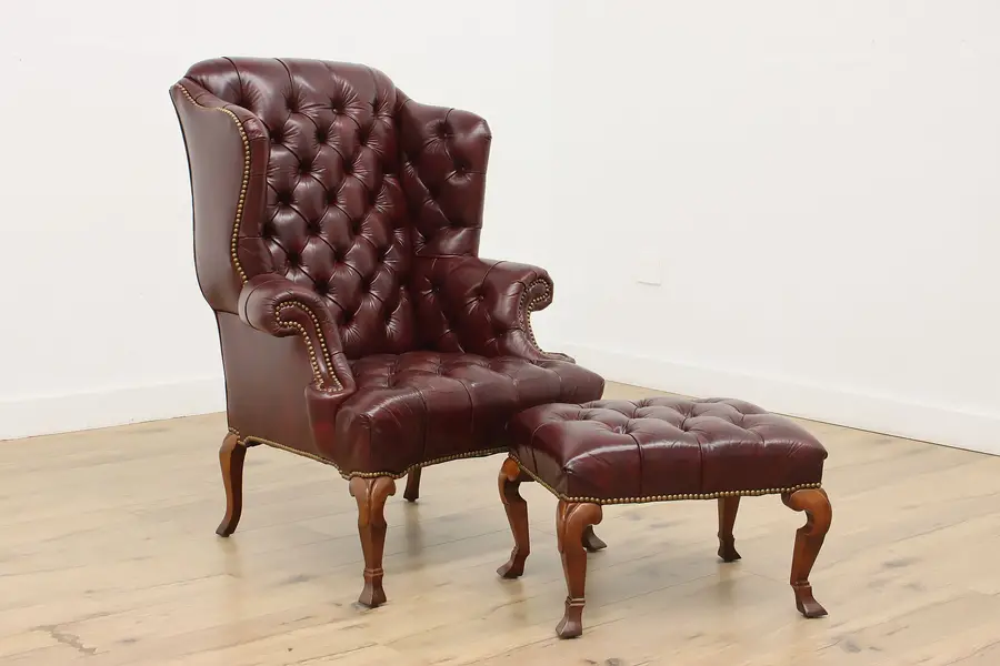 Photo of Georgian Vintage Burgundy Wingback Office Chair & Ottoman