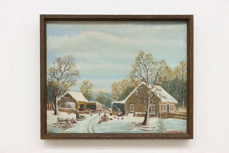 Photo of Winter Farm Vintage Original Oil Painting, Langgons 21.5"