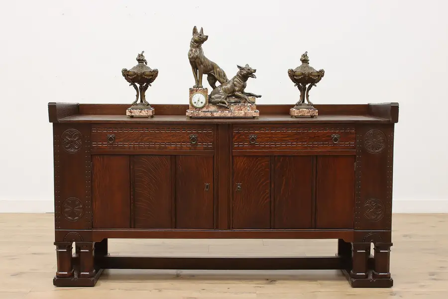 Photo of Arts & Crafts Mission Antique Oak Buffet Bar Cabinet, Zonen
