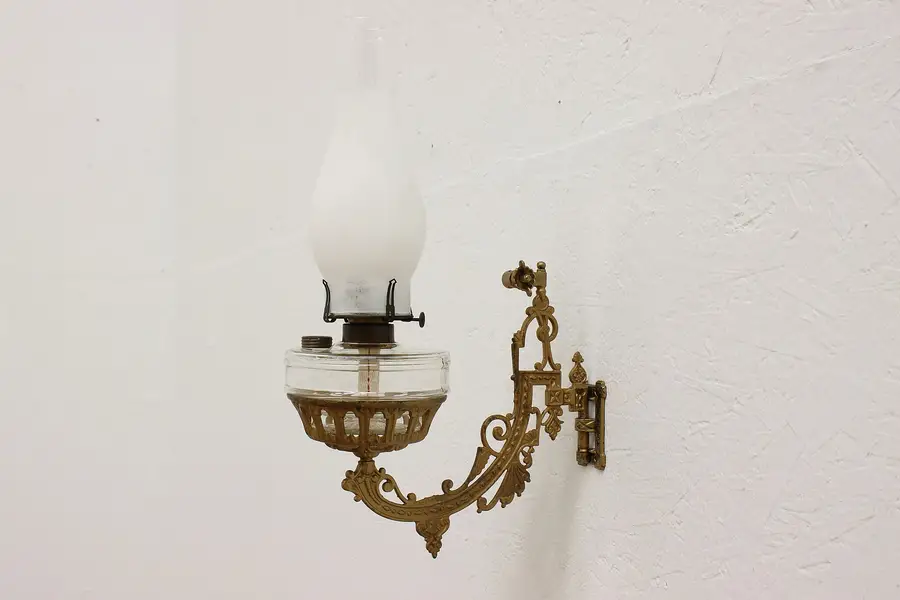 Photo of Victorian Antique Oil Lamp Iron & Brass Wall Sconce, Scovill