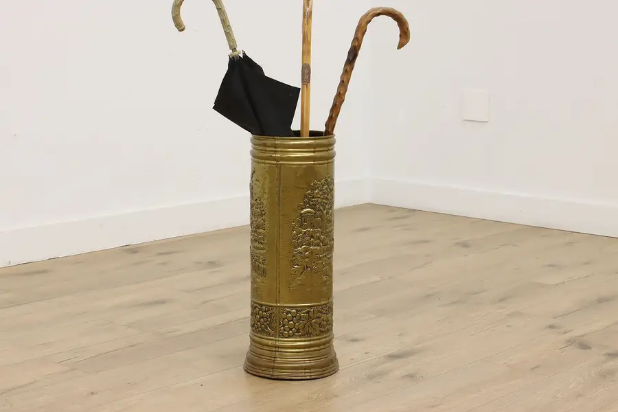 Photo of Farmhouse Vintage Embossed Brass Umbrella or Cane Stand