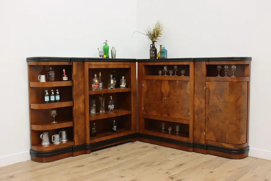 Photo of Art Deco Antique Walnut Bar Cabinet & Bookcase Set Valabrega
