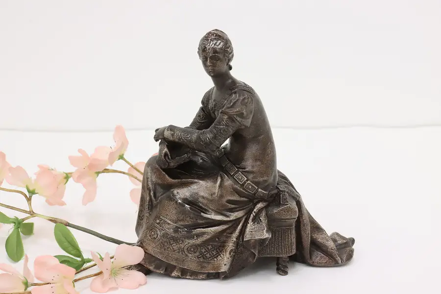 Photo of Medieval Lady Vintage Bronze Finish Statue, Signed