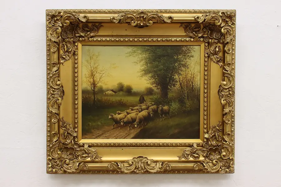 Photo of Sheep Flock & Shepherd Antique Original Oil Painting 31"