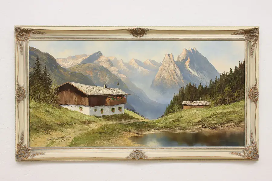 Photo of Bavarian Homestead Vintage Original Oil Painting Moser, 54"
