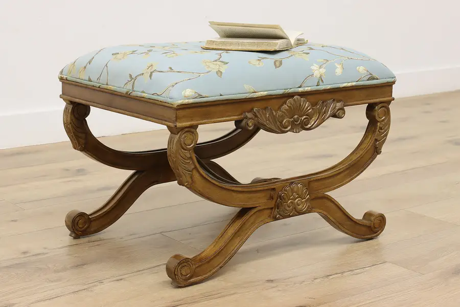 Photo of Country French Vintage Carved Birch Ottoman or Footstool