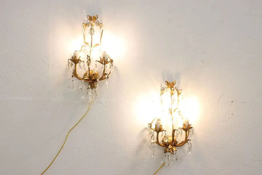 Photo of Pair of Italian Antique Brass Wall Sconces, Prisms