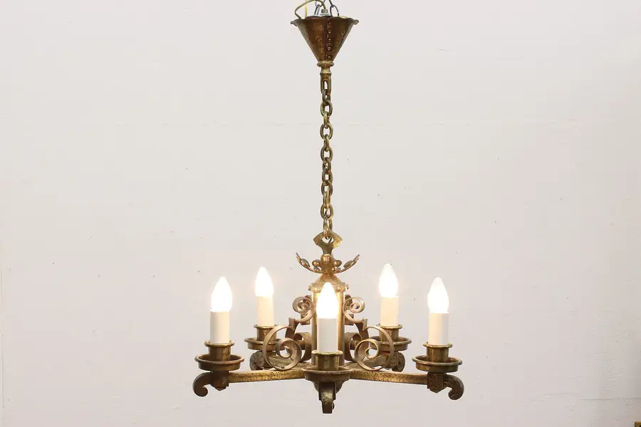 Photo of Medieval Design Vintage Brass Plated 5 Arm Chandelier