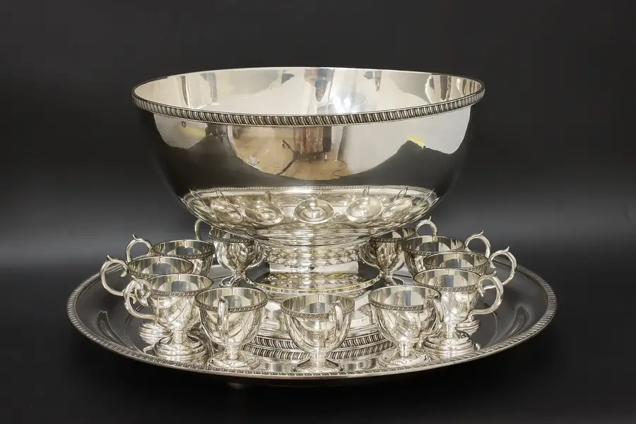 Photo of Traditional Antique Silverplate Punch Bowl, Tray & 12 Cups