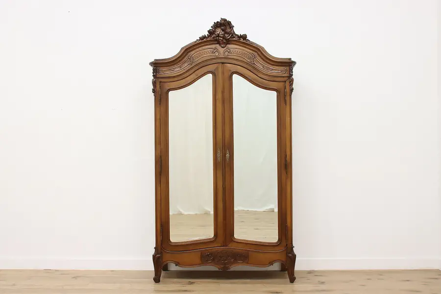 Photo of French Louis XV Antique Carved Walnut Armoire, Mirror Doors