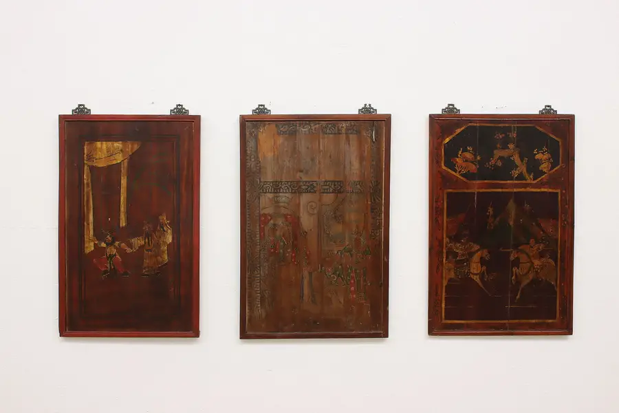 Photo of Set of 3 Chinese Vintage Warrior Paintings 38"