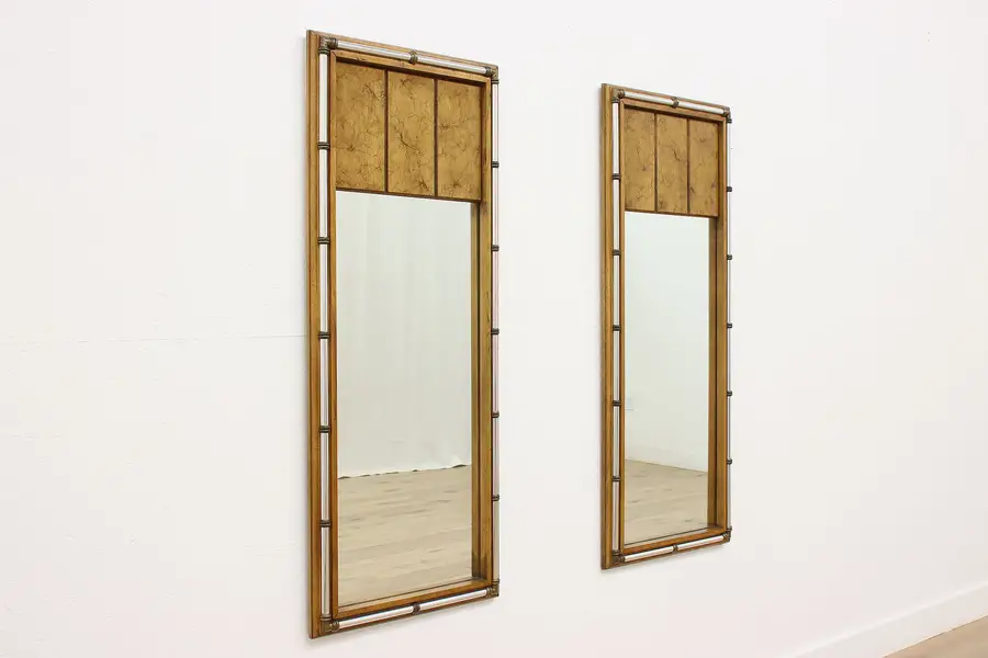 Photo of Pair of Midcentury Modern Vintage Faux Burl & Chrome Mirrors