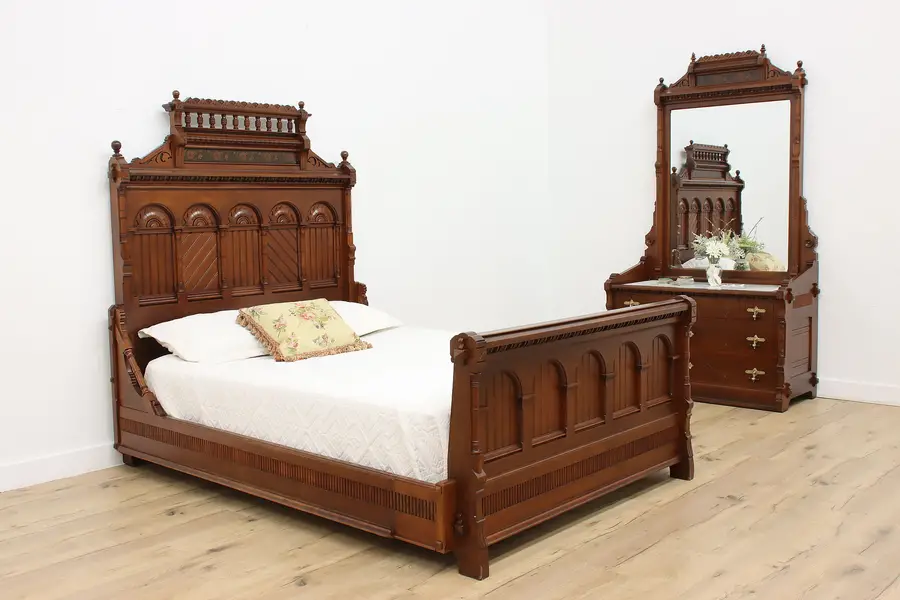 Photo of Victorian Eastlake Antique Walnut & Marble Queen Bedroom Set