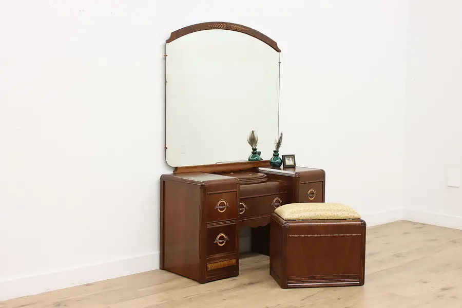 Photo of Art Deco Waterfall Vintage Walnut Vanity, Mirror & Bench