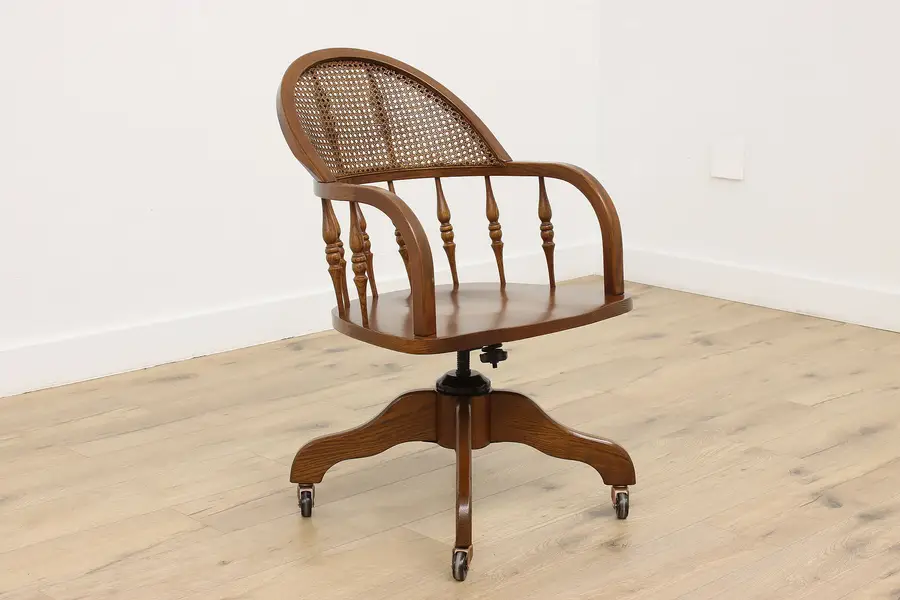 Photo of Windsor Vintage Cane & Ash Swivel Office Library Desk Chair