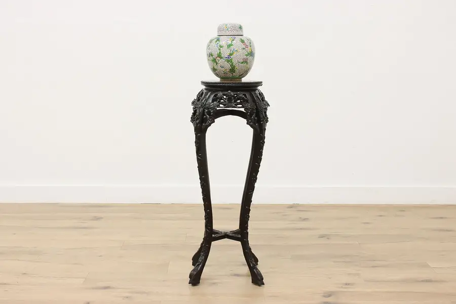 Photo of Chinese Antique Carved Rosewood & Marble Top Sculpture Stand