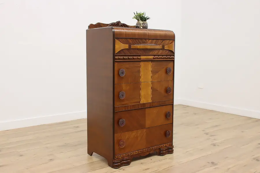 Photo of Art Deco Vintage Waterfall Walnut Tall Dresser, Glass Knobs