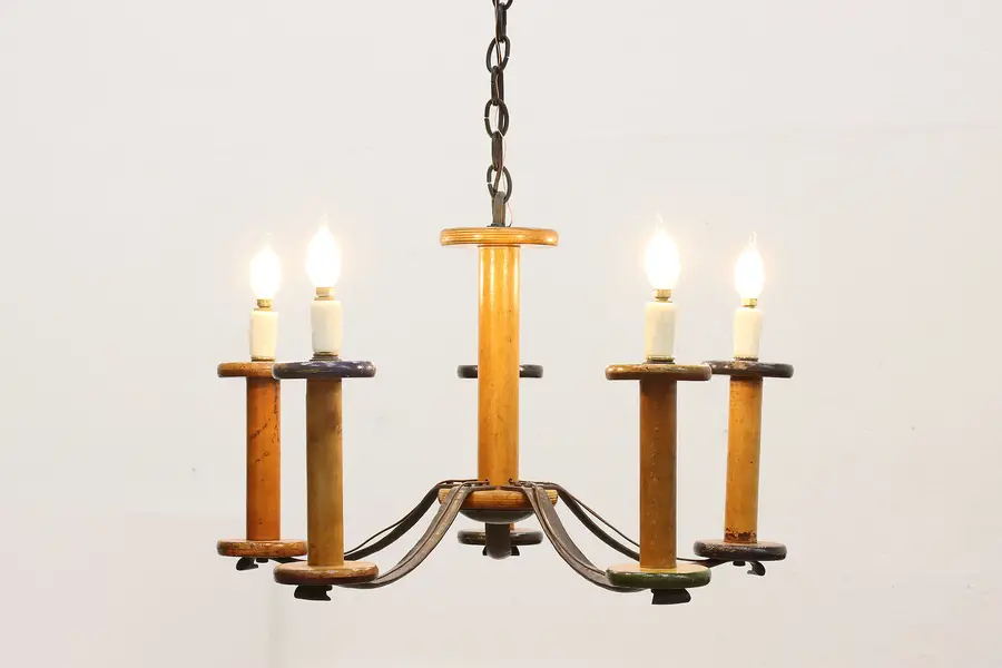 Photo of Arts & Crafts Antique Spool Arm Chandelier Beeswax Candles