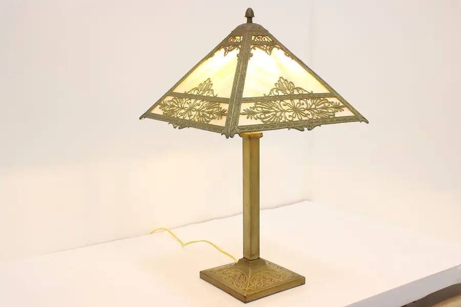 Photo of Brass & Stained Glass Antique Office Desk Lamp PL