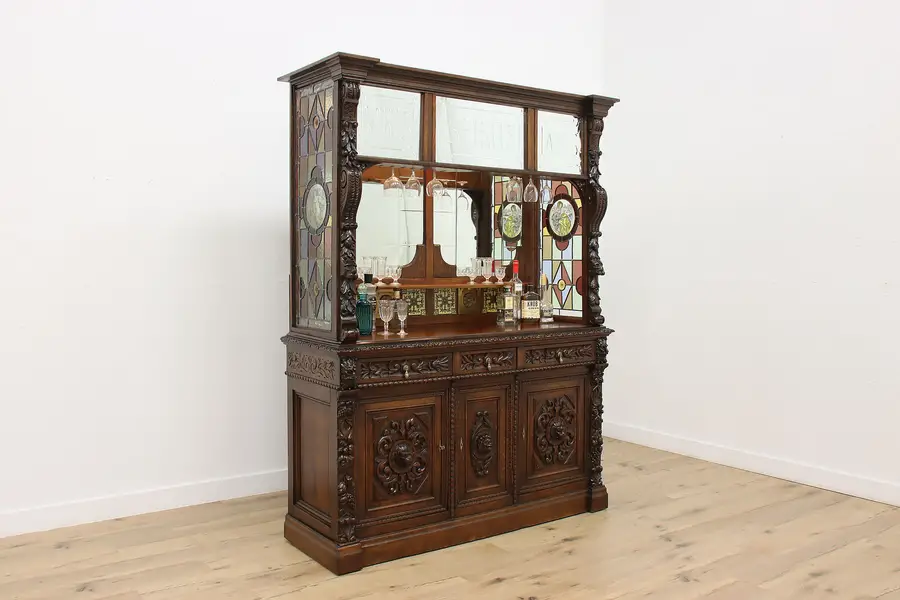Photo of Victorian Antique English Oak Bar, Stained Glass, Mirrors