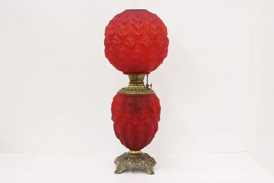 Photo of Victorian Antique Red Pigeon Blood Glass & Brass Oil Lamp