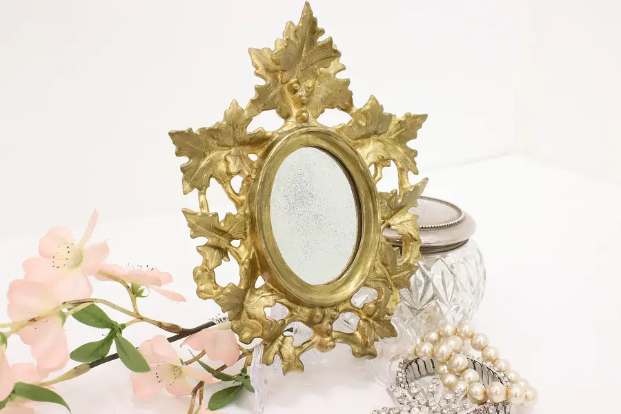 Photo of Italian Antique Carved Leaf Wall Frame w/ Oval Mirror