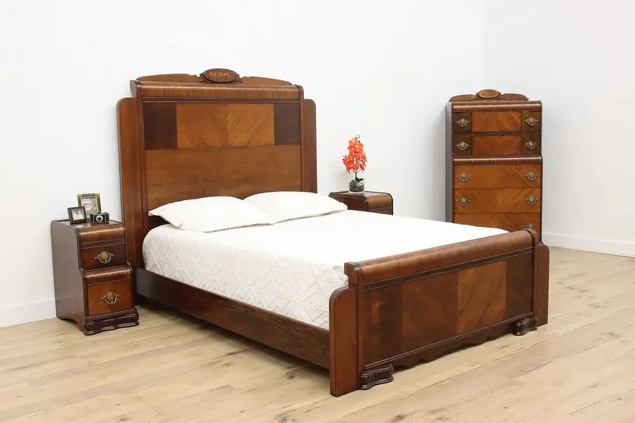 Photo of Art Deco Waterfall Vintage Walnut 4 Pc Queen Bedroom Set
