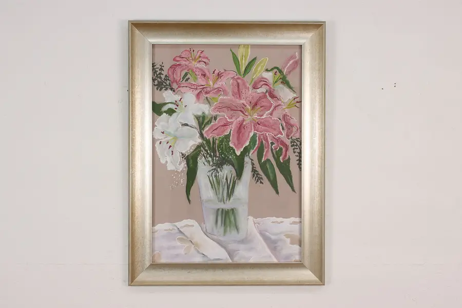 Photo of Lily Flowers Vintage Original Oil & Pastel Painting 31.5"
