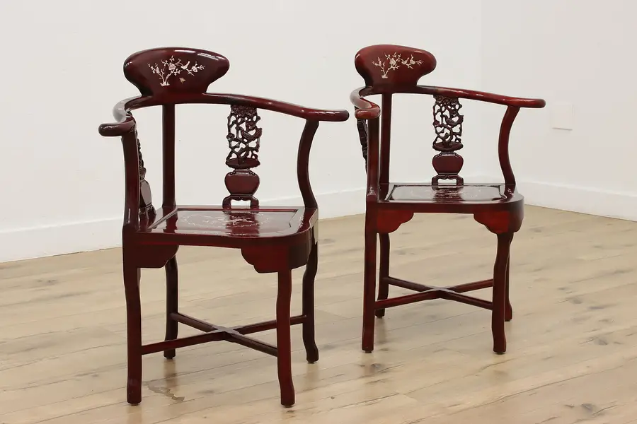 Photo of Pair of Chinese Rosewood & Mother of Pearl Corner Chairs