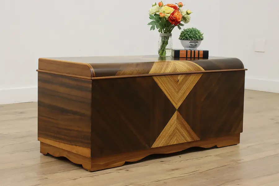 Photo of Art Deco Vintage Walnut Waterfall Cedar Blanket Chest Trunk