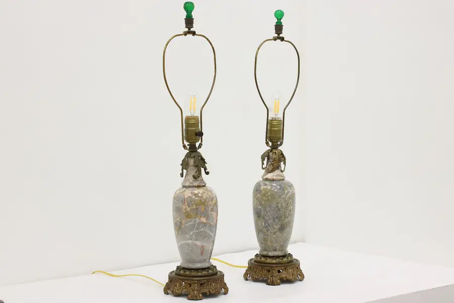 Photo of Pair of French Design Antique Marble & Brass Desk Lamps