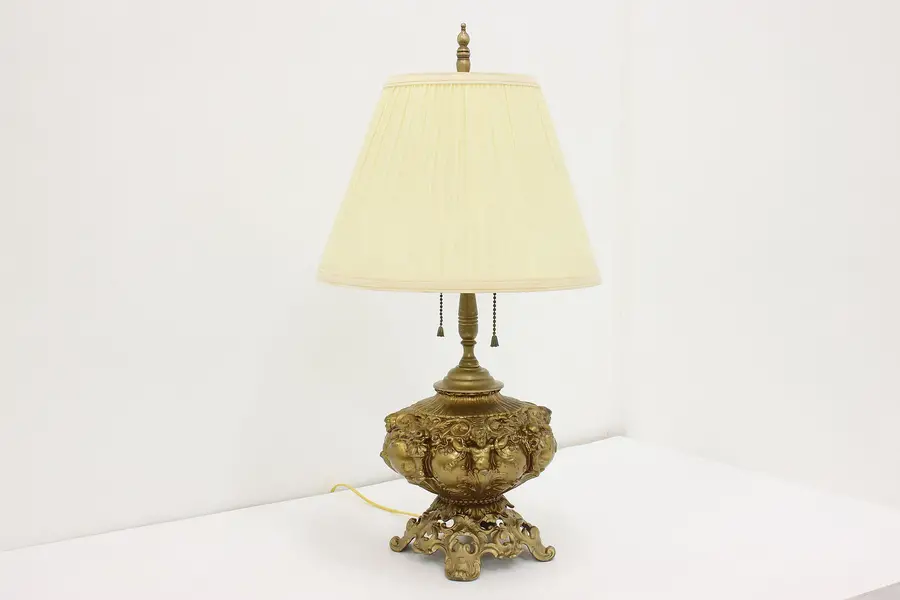Photo of French Design Antique Brass Table or Desk Lamp, Cherubs