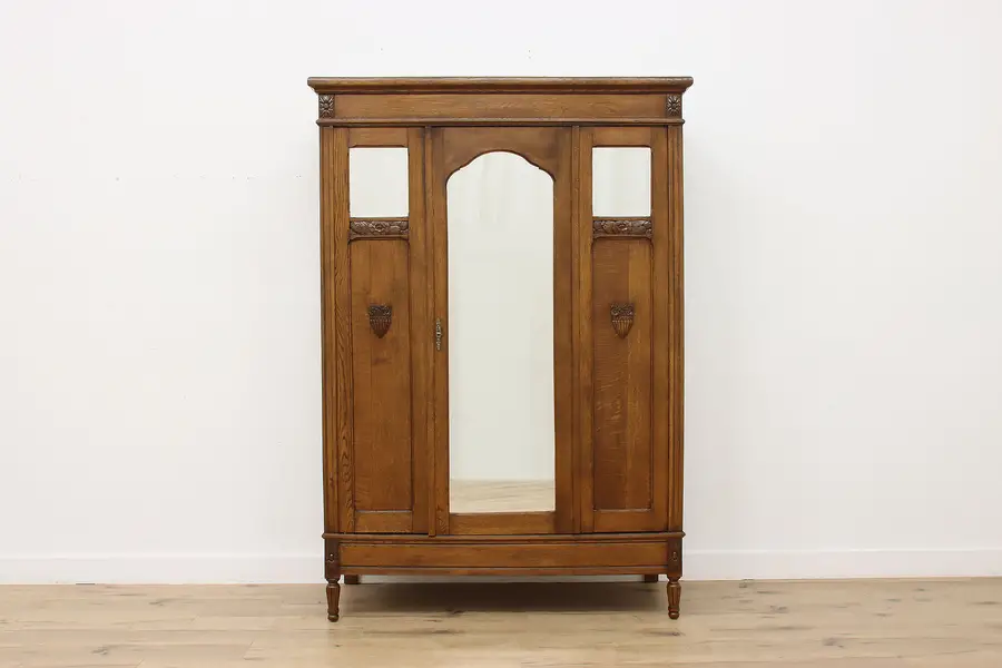 Photo of Carved Oak Antique Armoire Wardrobe, Mirrors