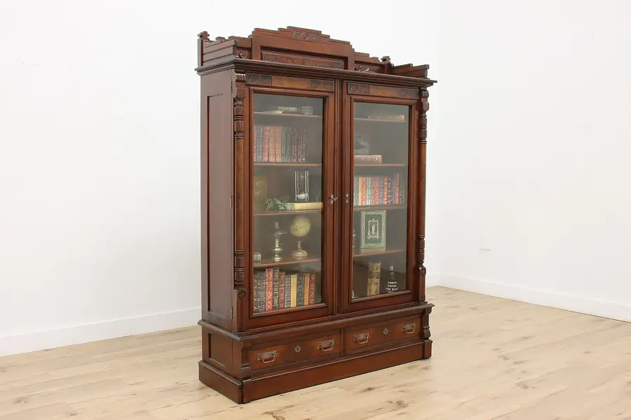 Photo of Victorian Eastlake Antique Walnut Library or Office Bookcase