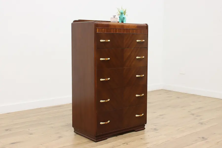 Photo of Art Deco Vintage Waterfall Walnut Tall Chest Bakelite Pulls