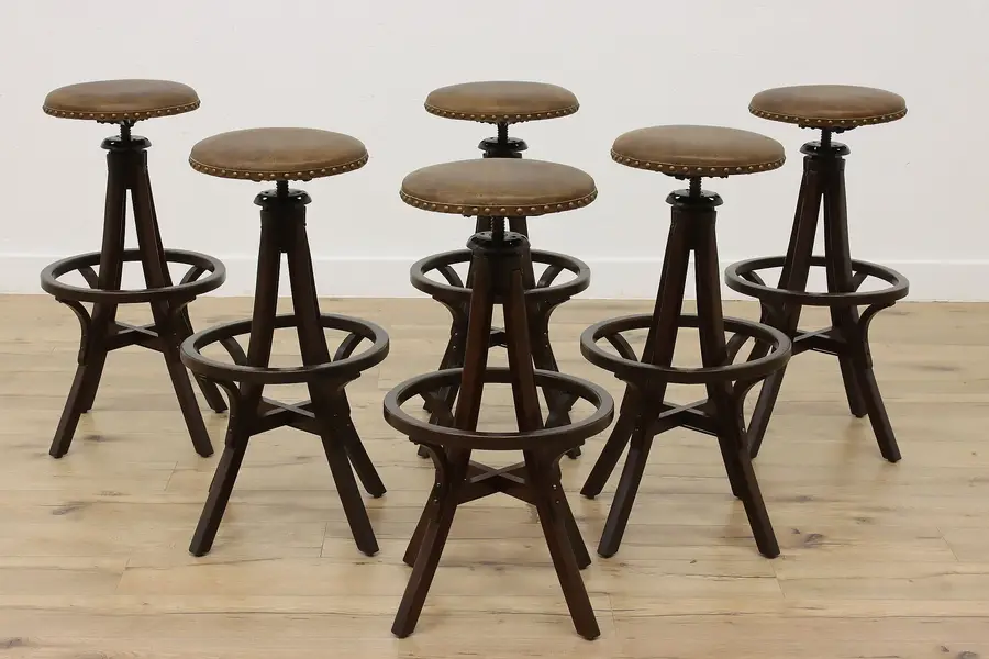 Photo of Set of 6 Antique Industrial Oak & Leather Architect Stools
