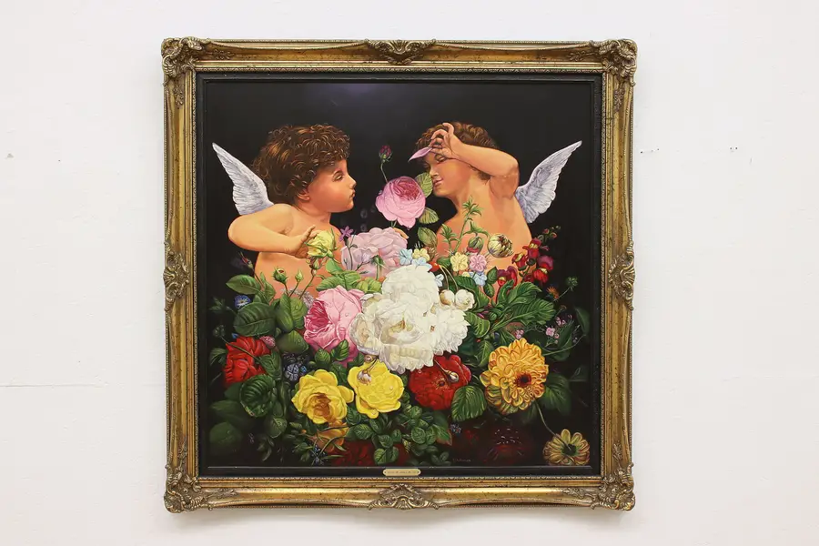 Photo of Love Me Game Vintage Original Oil Painting, Blottiaux 43.5"