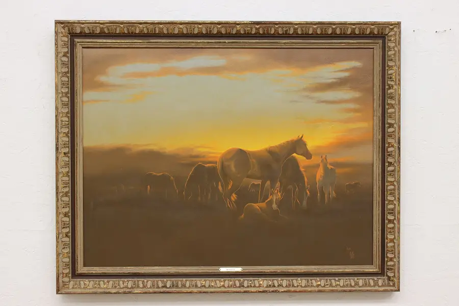 Photo of Sunrise & Mustang Horses Vintage Oil Painting Pfeiffer 37"