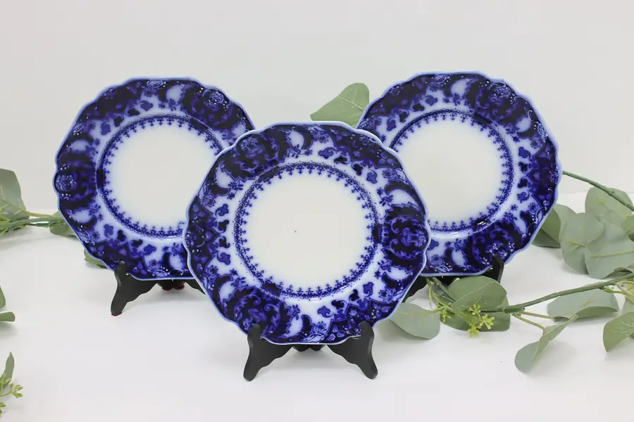 Photo of Set of 3 Victorian Antique Flow Blue Salad Plates, Johnson