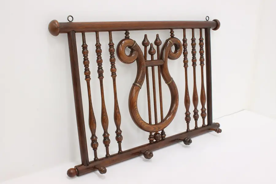 Photo of Lyre Antique Oak Victorian Salvage Wall Art Hat or Key Rack